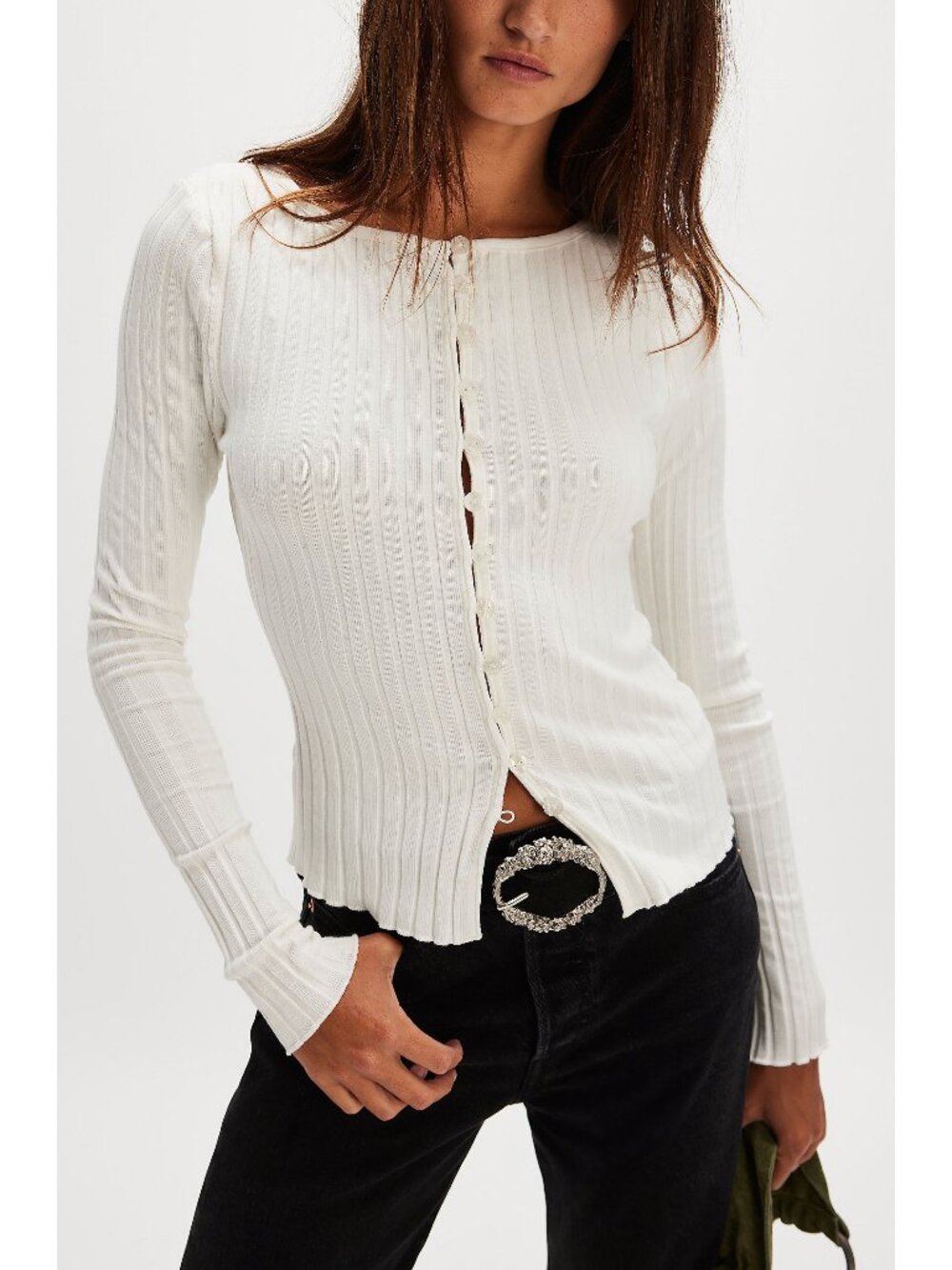 White Ribbed Long-Sleeve Button Cardigan Top